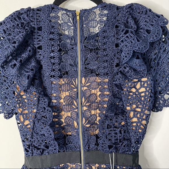 Self Portrait blue navy ruffle guipure mini cocktail dress size 2 - Picture 10 of 14